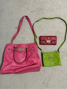 Michael Kors Pink Ostrich-Texture Tote. Green Crossbody and red leather wallet.